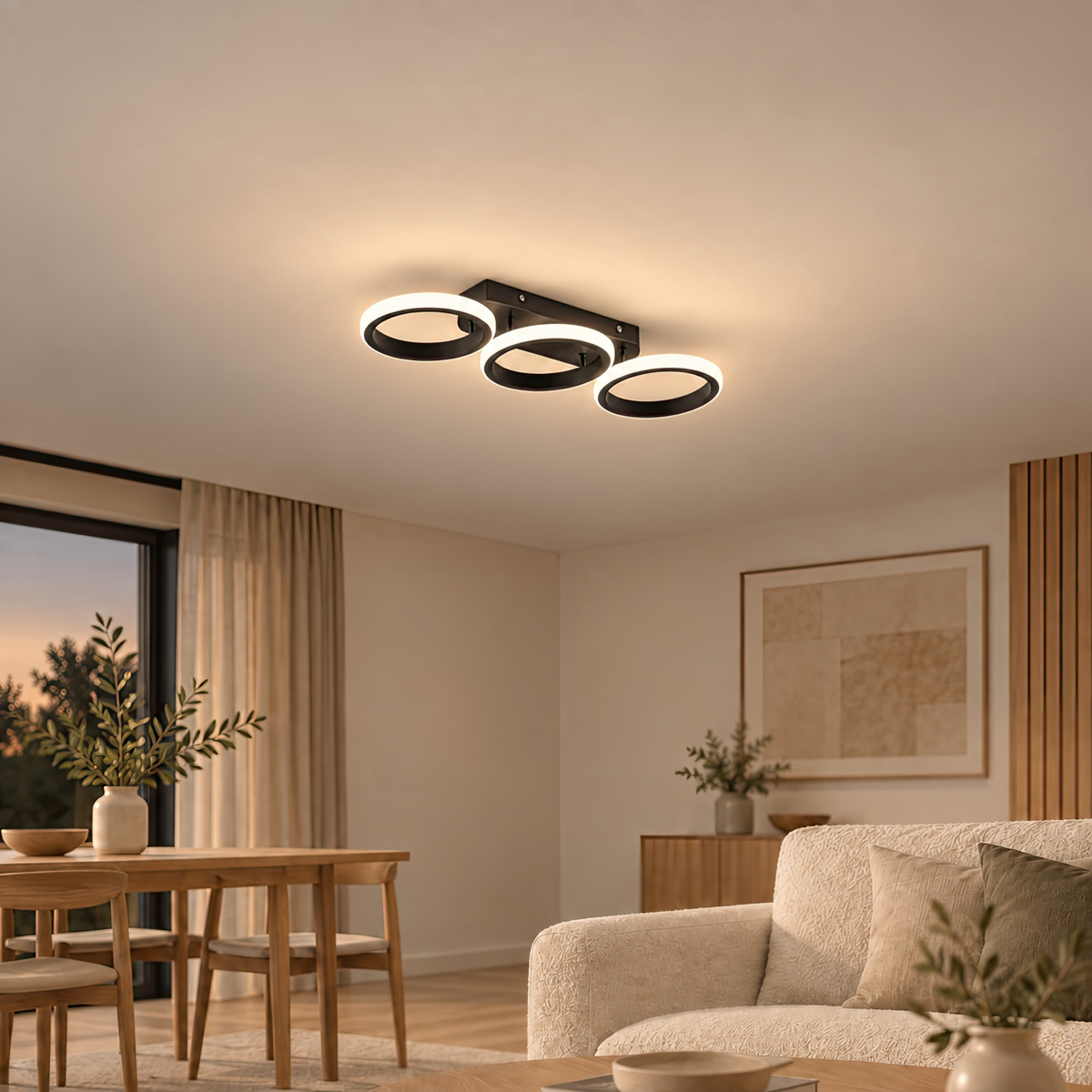 Lustra LED ELIO 24W, 3 Cercuri, Liniara, lumina Rece/Calda/Neutra, Negru