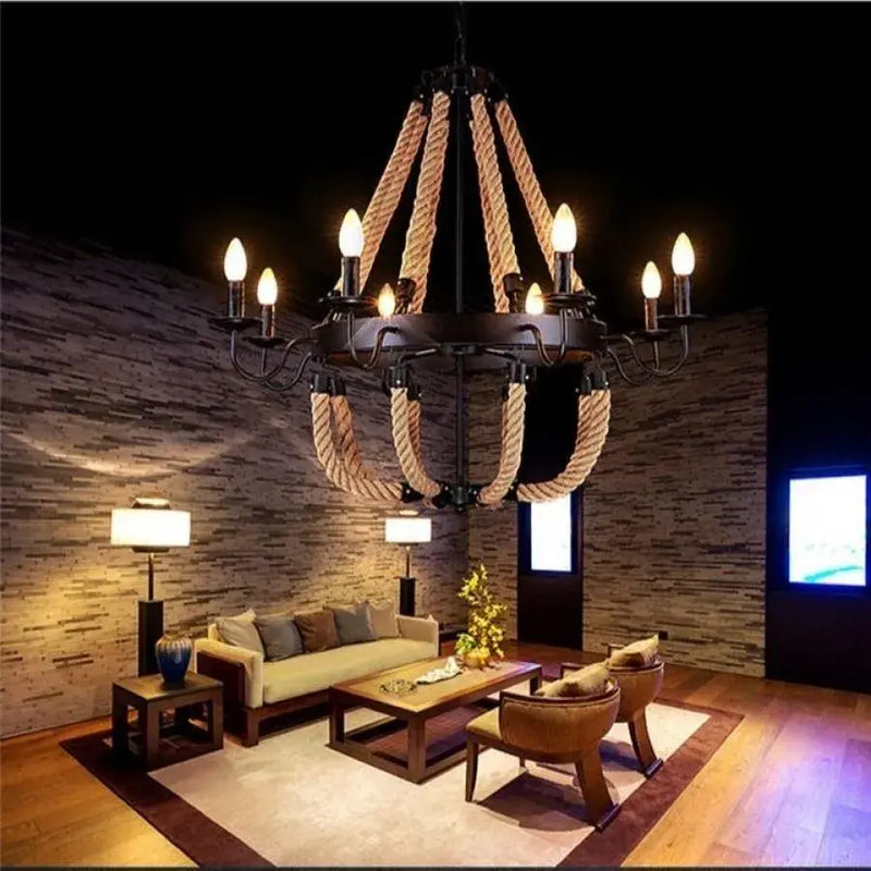 Circular Chandelier, 8xE14, Black, Metal and Rope
