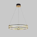 Lustra LED suspendata cu telecomanda si cristal ROGER 80W, 1 Cerc, lumina Rece/Calda/Neutra, Dimabila, Auriu Lucios, Inaltime Reglabila