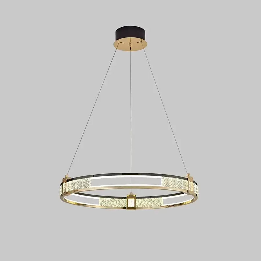 Lustra LED suspendata cu telecomanda si cristal ROGER 80W, 1 Cerc, lumina Rece/Calda/Neutra, Dimabila, Auriu Lucios, Inaltime Reglabila
