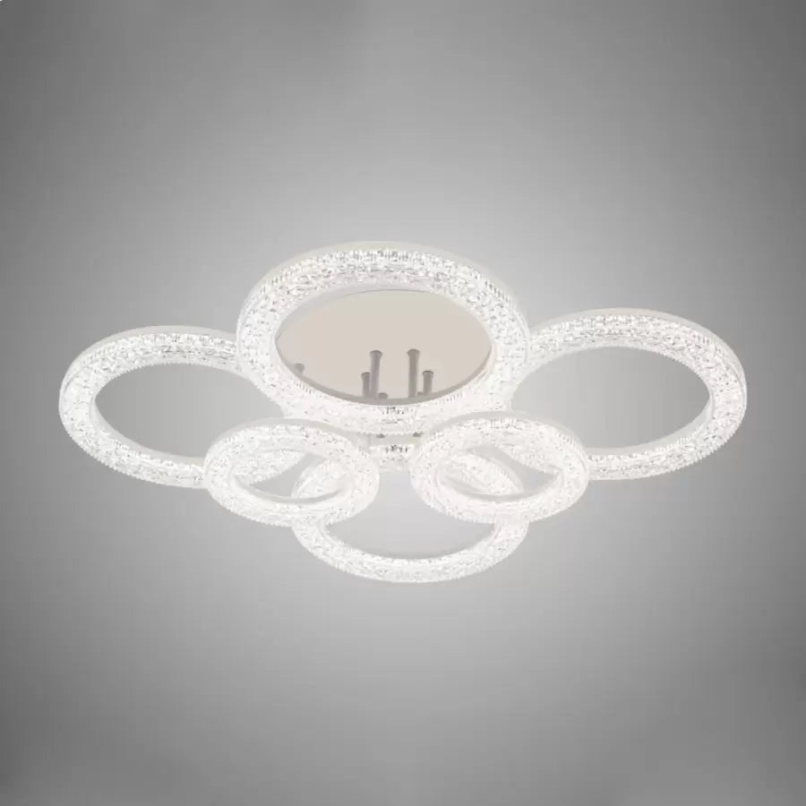 Lustra LED cu telecomanda si cristal ABHAYA, 84W, 6 Cercuri, lumina Rece/Calda/Neutra, Dimabila, Alb