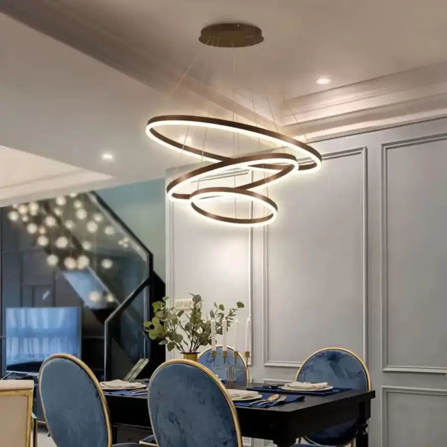 Lustra LED suspendata cu telecomanda EMANUELLE 152W, 3 Cercuri, lumina Rece/Calda/Neutra, Dimabila, Maro, Inaltime Reglabila