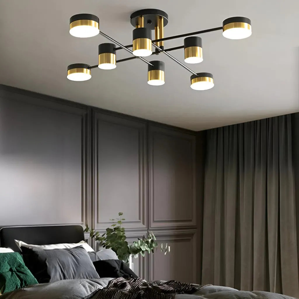 Lustra LED cu telecomanda JAYSON 57W, 8 Elemente, lumina Rece/Calda/Neutra, Dimabila, Negru Auriu Lucios