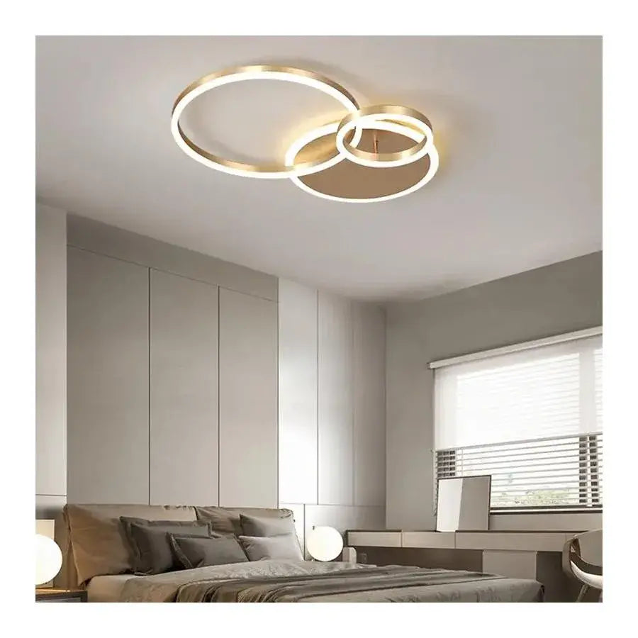 Lustra LED cu telecomanda MYRENE 110W, 2 Cercuri, lumina Rece/Calda/Neutra, Dimabila, Auriu