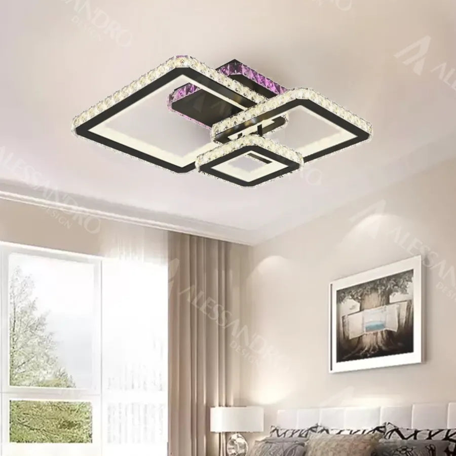 Lustra LED cu telecomanda si cristal BLAKELY RGB 166W, 3 Patrate, lumina Rece/Calda/Neutra, Dimabila, Negru