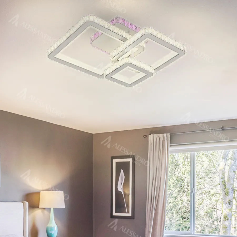 Lustra LED cu telecomanda si cristal BLAKELY RGB 166W, 3 Patrate, lumina Rece/Calda/Neutra, Dimabila, Alb