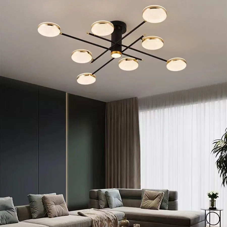 Lustra LED cu telecomanda si cristal MISEL 154W, 9 Elemente, lumina Rece/Calda/Neutra, Dimabila, Negru Auriu