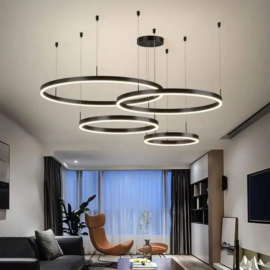 Lustra LED suspendata cu telecomanda ADELAIDA 226W, 4 Cercuri, lumina Rece/Calda/Neutra, Dimabila, Negru, Inaltime Reglabila