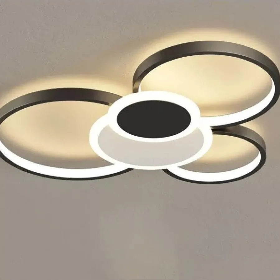 Lustra LED cu telecomanda KIAN 112W, 5 Cercuri, lumina Rece/Calda/Neutra, Dimabila, Alb Negru