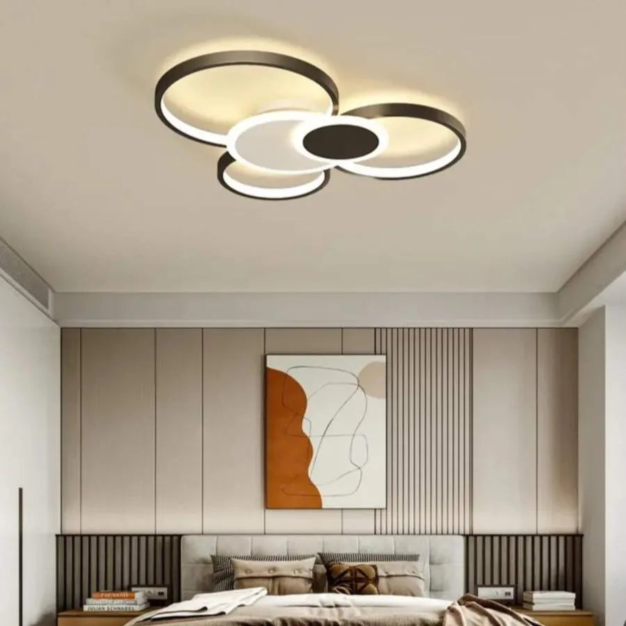 Lustra LED cu telecomanda KIAN 112W, 5 Cercuri, lumina Rece/Calda/Neutra, Dimabila, Alb Negru