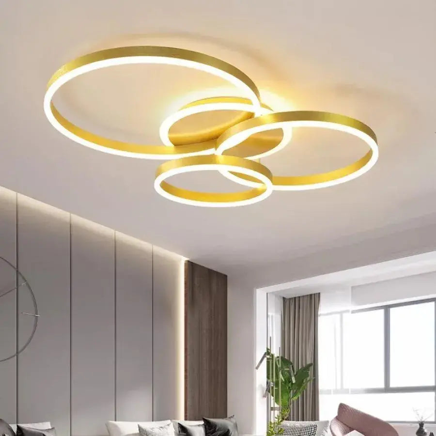 Lustra LED cu telecomanda LYRA 100W, 3 Cercuri, lumina Rece/Calda/Neutra, Dimabila, Auriu Periat