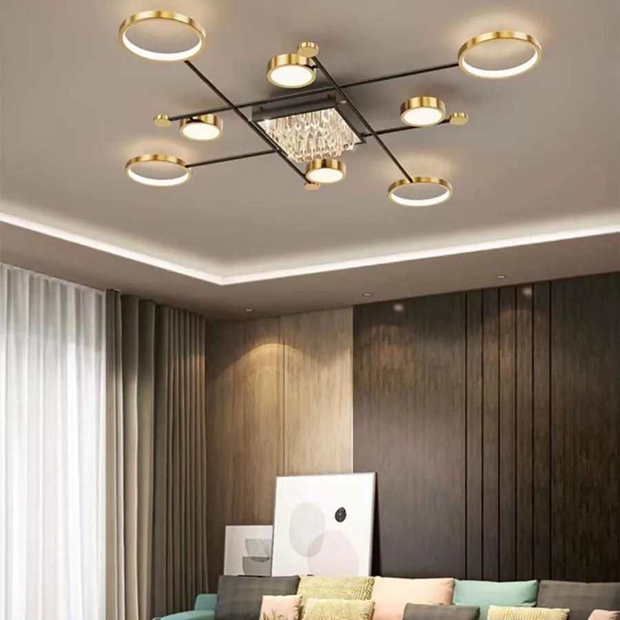 Lustra LED cu telecomanda si cristal MISEL 168W, 9 Elemente, lumina Rece/Calda/Neutra, Dimabila, Negru Auriu