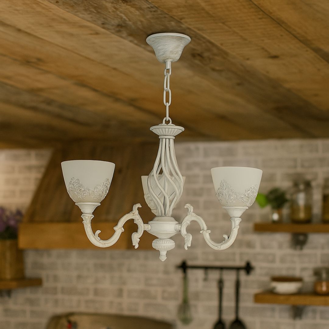 Lustra VINTAGE, tip Pendul cu brate, COTTAGE, Circulara, 3xE27, Sticla si Metal, Alb