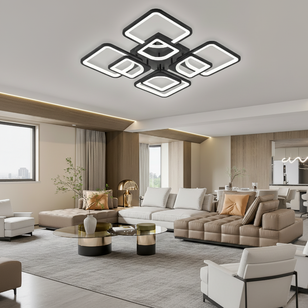 ZOE LED Chandelier with Remote Control, 8 Squares, 138W, Cool/Warm/Neutral Light, Dimmable, Black, imaginea 3