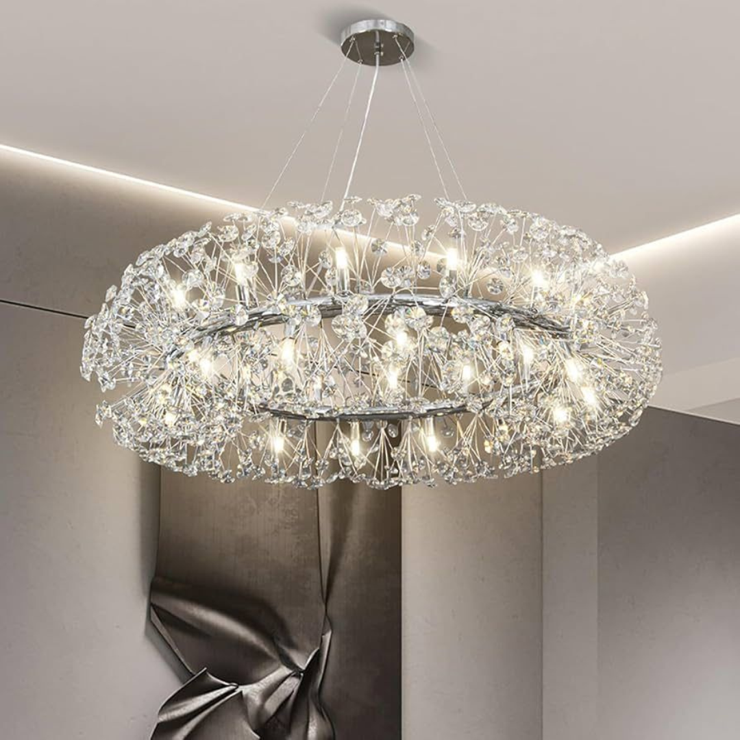 Candelabru Cristal KHUJAND 12x G9, Diametru 60cm, Argintiu Lucios, Inaltime Reglabila