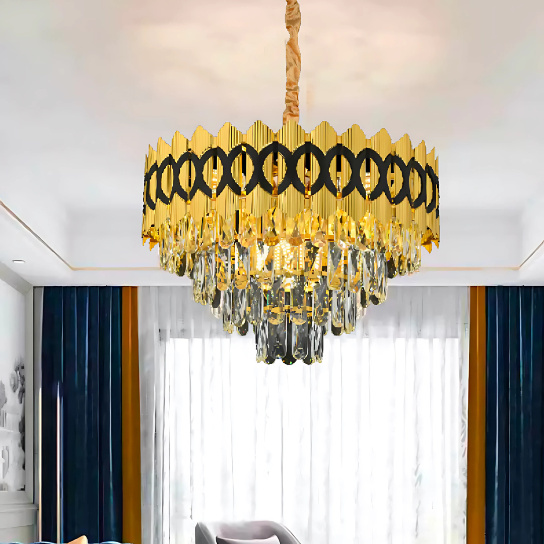 Candelabru Cristal PIERREFONDS Nobile 5xE14, Diametru 38.5cm, Auriu Lucios, Inaltime Reglabila