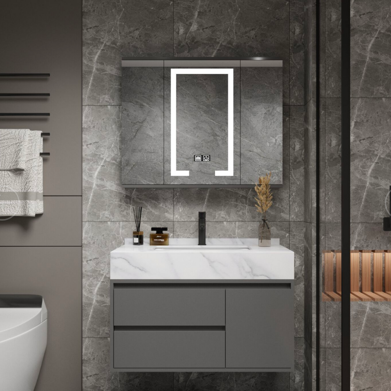 SANTORINI Bathroom Furniture Set, Vanity Cabinet + Mirror Cabinet 80cm, 2 Pieces, Grey and White