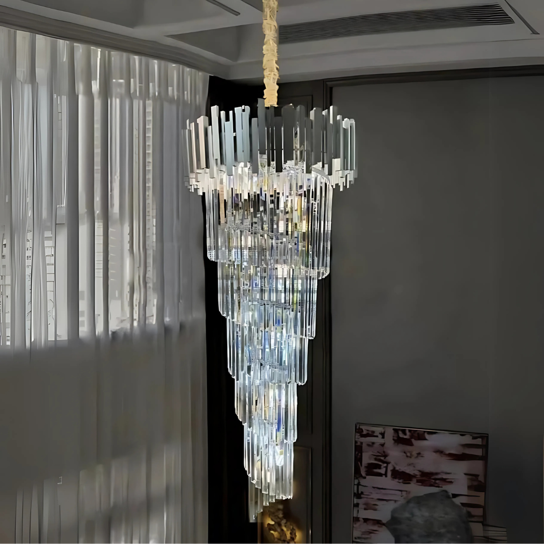 Candelabru Cristal CC110/600x1800CH, 28xE14, Diametru 60cm, Inaltime 180cm, Crom si Argintiu, Inaltime Reglabila, Design Elegant