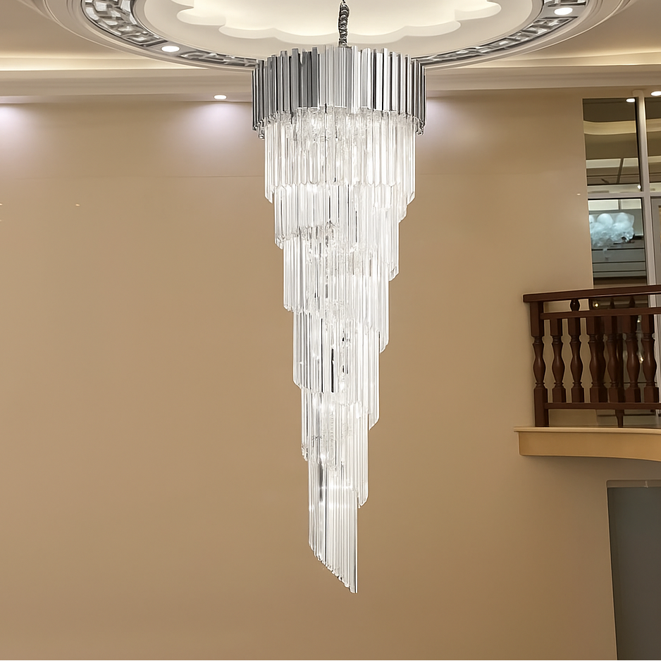Candelabru Cristal CC110/600x1800CH, 28xE14, Diametru 60cm, Inaltime 180cm, Crom si Argintiu, Inaltime Reglabila, Design Elegant