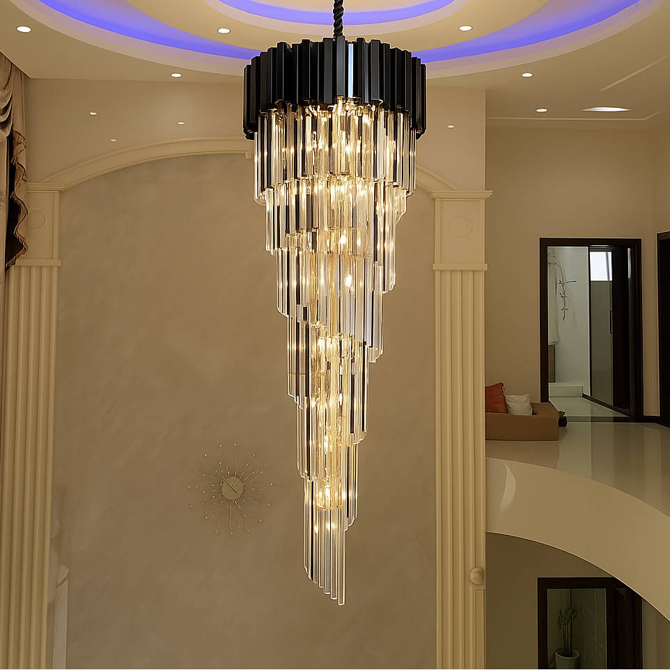 Candelabru Cristal CC110/600x1800BK, 28xE14, Diametru 60cm, Inaltime 180cm, Negru, Inaltime Reglabila, Design Elegant