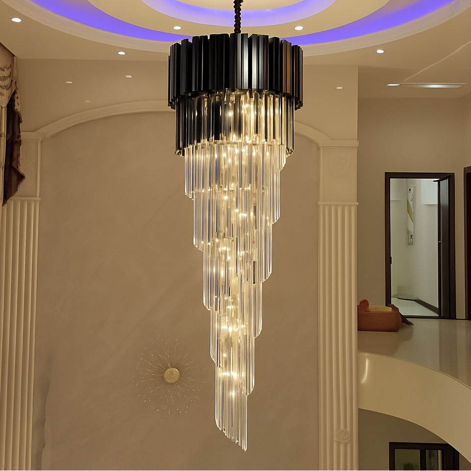Candelabru Cristal CC110/600x1800BK, 28xE14, Diametru 60cm, Inaltime 180cm, Negru, Inaltime Reglabila, Design Elegant