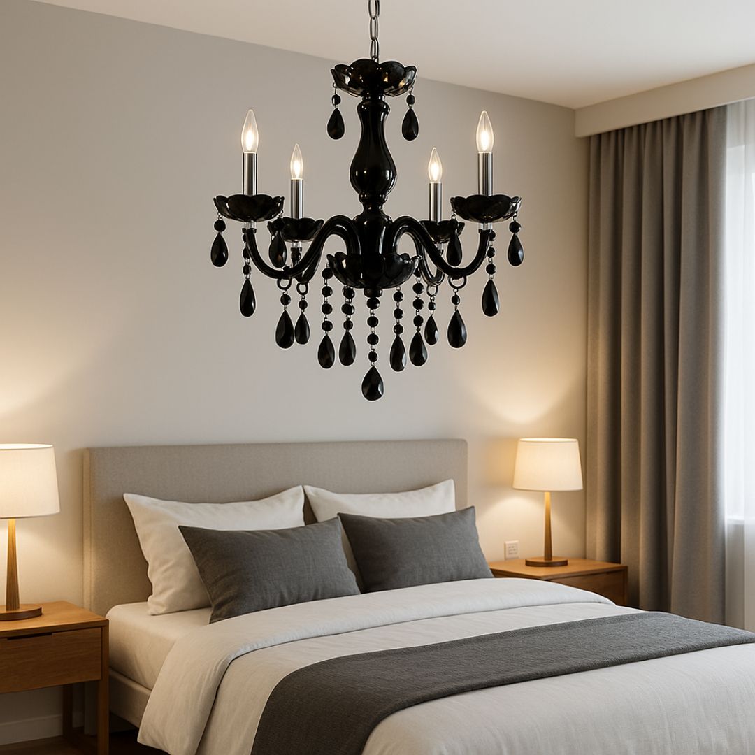 Candelabru Cristal ALNWICK Eleganza, 5xE14, Diametru 48cm, Negru, Inaltime Reglabila