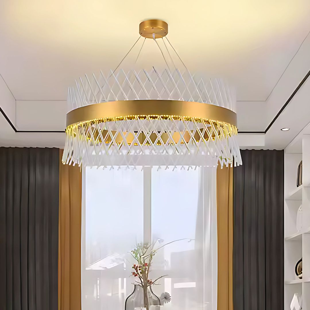 Candelabru Cristal ALHAMBRA Eleganza, LED, 71W, Diametru 50cm, Lumina Calda/Rece/Neutra, Dimabil, Inaltime Reglabila, Auriu