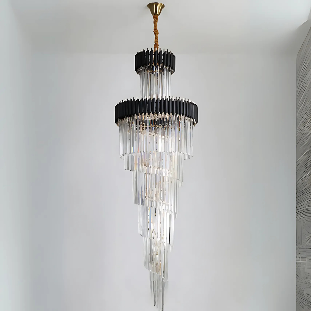 Candelabru Cristal VERSAILLES Ascendere 27xE14, Diametru 60cm, Auriu Lucios si Negru, Inaltime Reglabila