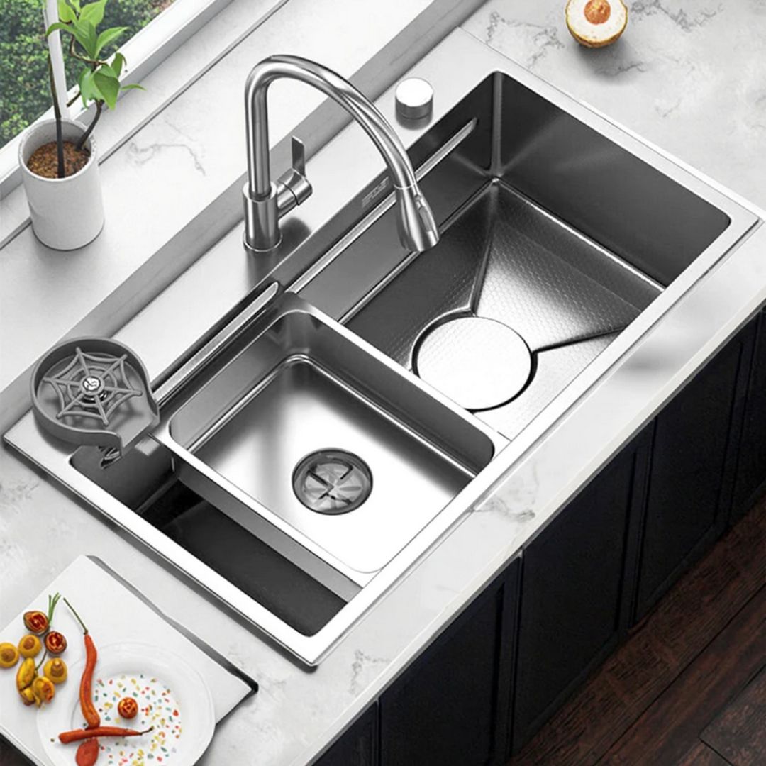 Set Chiuveta Bucatarie Inox, Cuva Universala cu Dop Scurgere, Spalator Pahare, Negru Grafit, 75x45X21cm