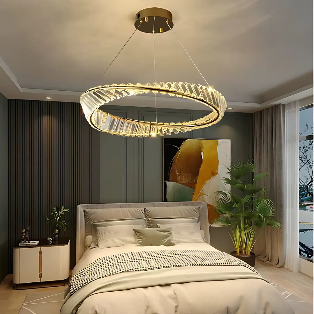 Lustra LED cu telecomanda si cristal LUIGI, 57W, lumina Rece/Calda/Neutra, Dimabila, Auriu