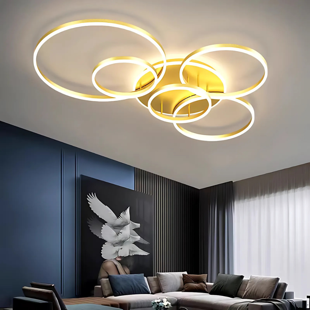 Lustra LED cu Telecomnda RINOVA, 5 cercuri, 137W, Lumina Calda/Rece/Neutra, Dimabila, Auriu