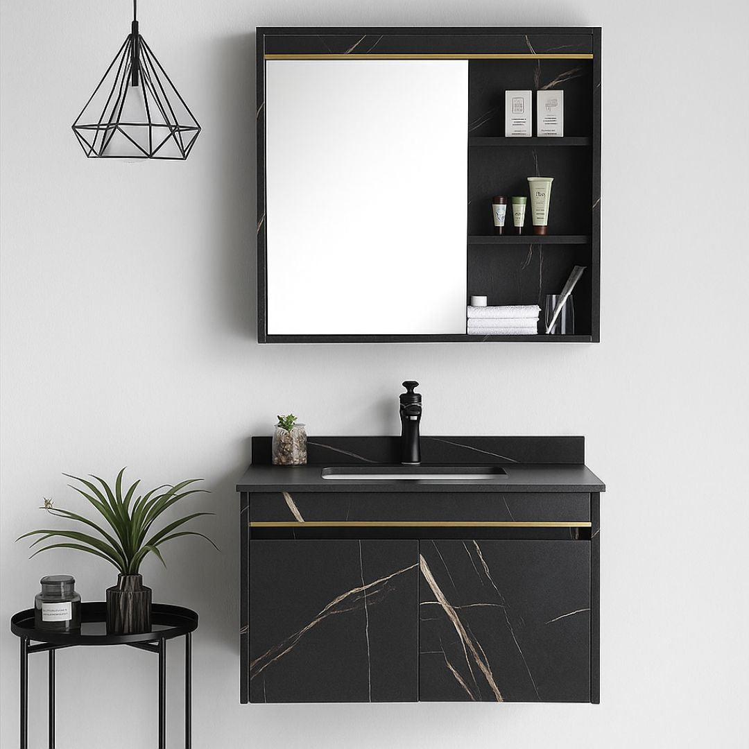 Set Mobilier MARBLE pentru Baie, Dulap Lavoar+Dulap Oglinda 80cm, 2 Piese, Negru