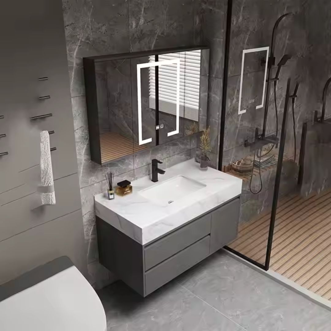 Set Mobilier pentru Baie SANTORINI, Dulap Lavoar + Dulap Oglinda 80cm, 2 Piese, Gri si Alb