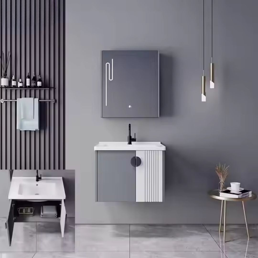 Set Mobilier pentru Baie MYKONOS, Dulap Lavoar+Dulap Oglinda 60cm, 2 Piese, Gri si Alb