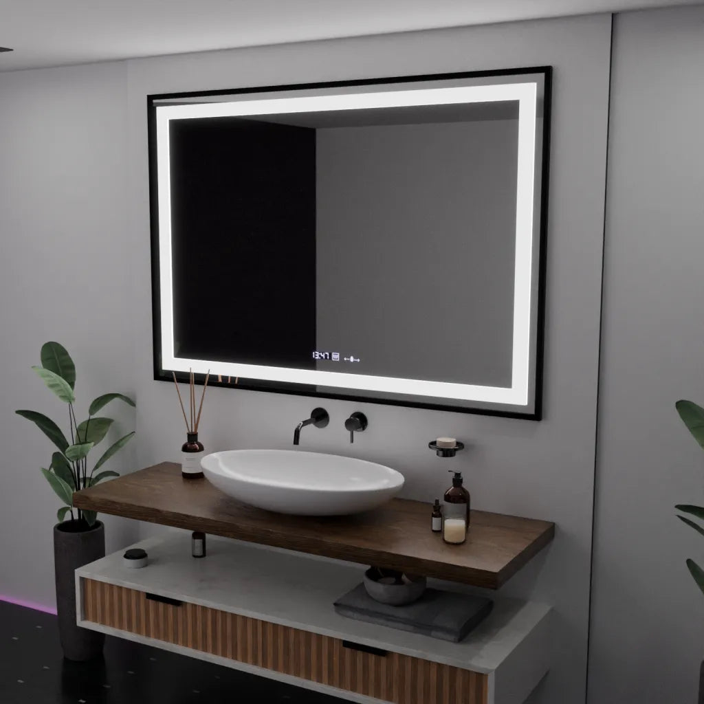 Oglinda LED Rectangulara, 100x70cm, Verite Majeste Noir Motion Glow Marcello, Sistem Dezaburire, Ceas & Termometru, Dimabila