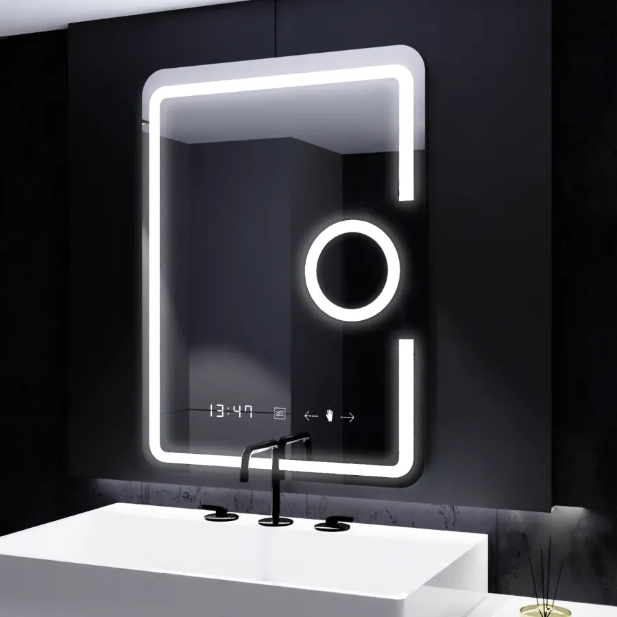 Rectangular LED Mirror, 60x80cm, Eclat MotionGlow Marcello, Clock & Thermometer, Defogger System, Cosmetic Magnifier, Dimmable, imaginea 6