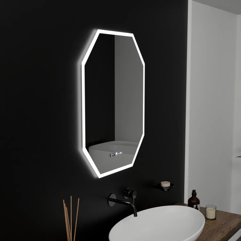 Oglinda LED Poligon, 60X80cm, Hexaluce Senzor MotionGlow Marcello, Sistem Dezaburire, Ceas & Termometru, Dimabila