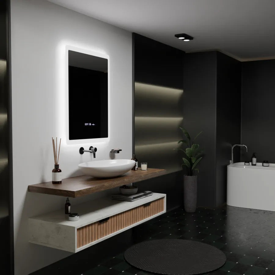 Oglinda LED Rectangulara, 60x80cm, ELANCEE Senzor MotionGlow Marcello, Sistem Dezaburire, Ceas & Termometru, Dimabila