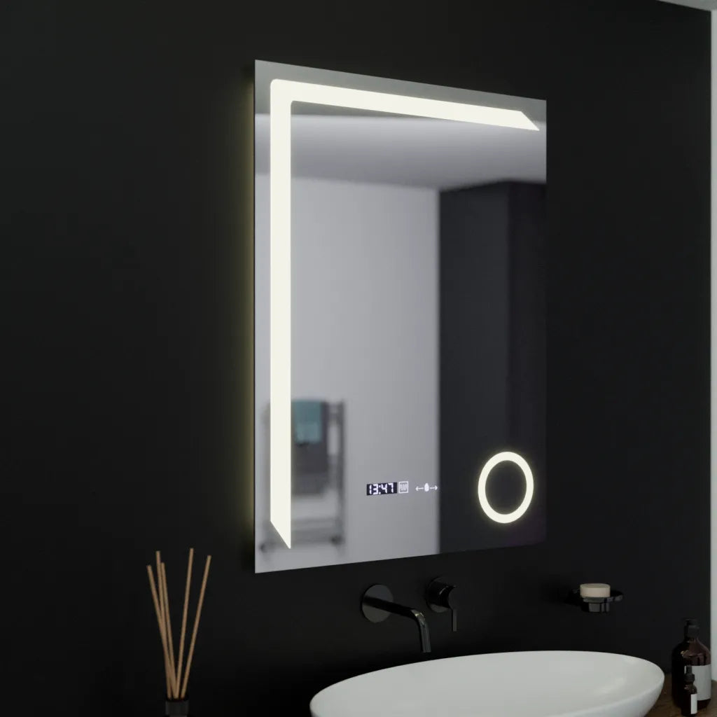 Oglinda LED Rectangulara, 60x80cm, Precision MotionGlow Marcello, Sistem Dezaburire, Ceas & Termometru, Lupa Cosmetica, Dimabila
