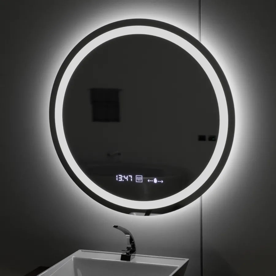 Oglinda LED Rotunda, 80cm, Celeste MotionGlow Marcello, Sistem Dezaburire, Ceas & Termometru, Dimabila
