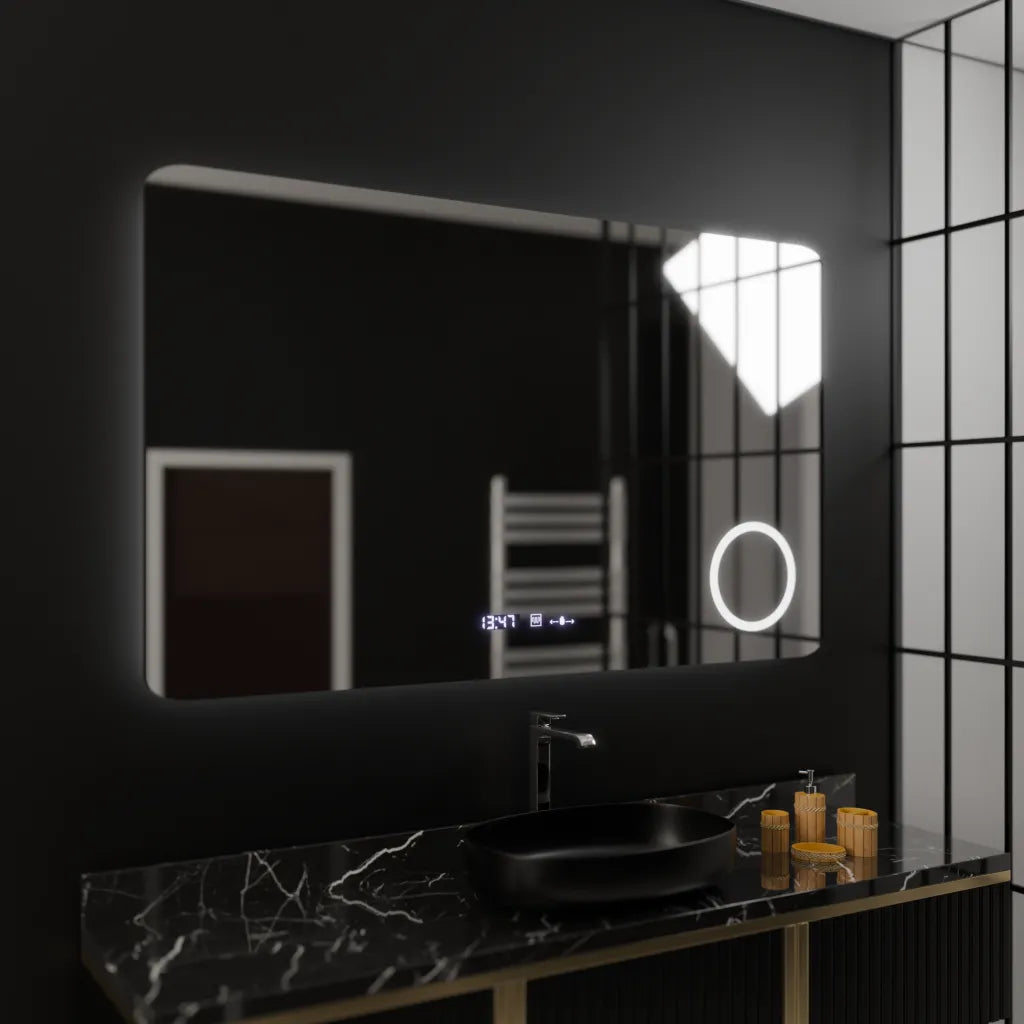 Oglinda LED Rectangulara, 100x60cm, Celeste MotionGlow Marcello, Sistem Dezaburire, Ceas & Termometru, Lupa Cosmetica, Dimabila