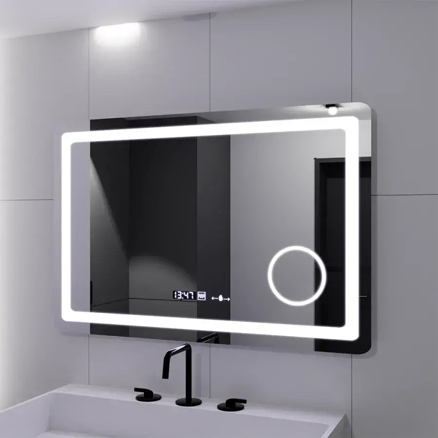 Oglinda LED Rectangulara, 90x60cm, Souverain MotionGlow Marcello, Sistem Dezaburire, Ceas & Termometru, Lupa Cosmetica, Dimabila