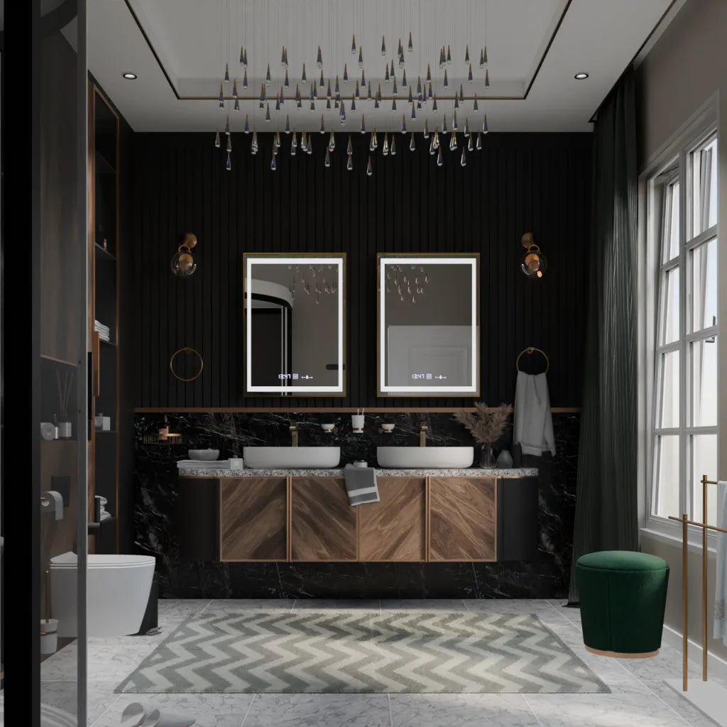 Oglinda LED Rectangulara, 50x70cm, Verite Royale Gold Motion Glow Marcello, Sistem Dezaburire, Ceas & Termometru, Dimabila