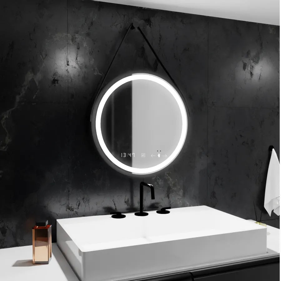 Oglinda LED Rotunda, 50cm, Celeste Majeste Noir Eleve MotionGlow Marcello, Sistem Dezaburire, Ceas & Termometru, Dimabila