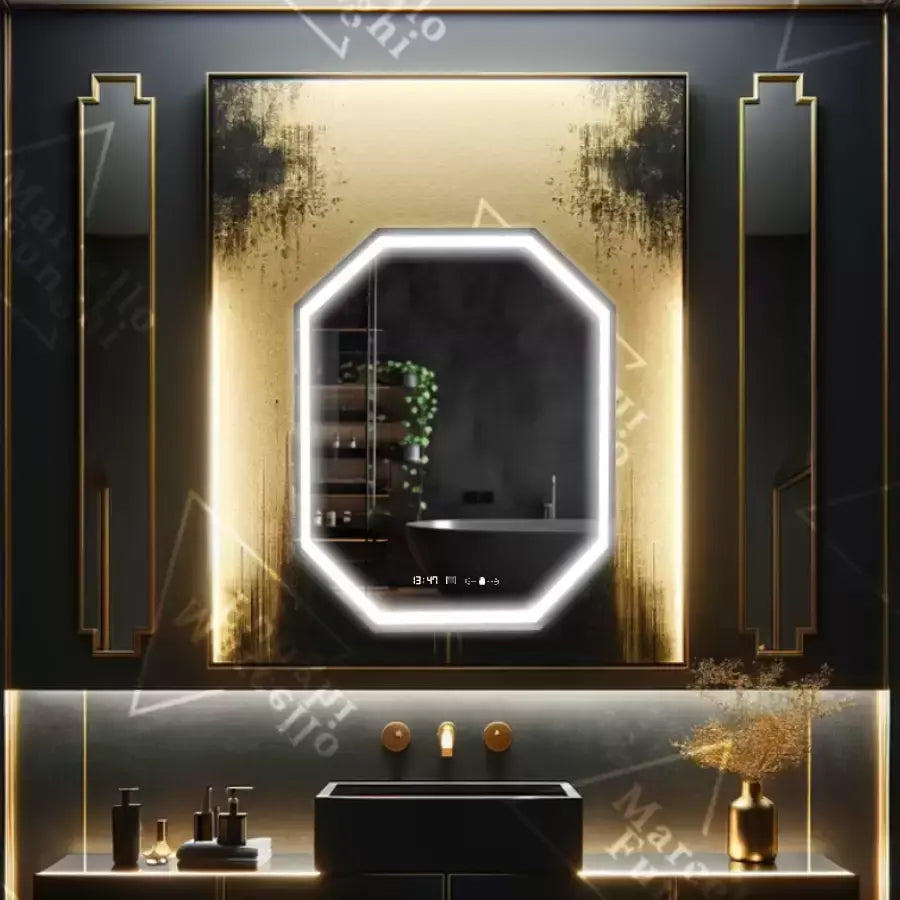 Oglinda LED Poligon, 60x80cm, Ralya Senzor MotionGlow Marcello, Sistem Dezaburire, Ceas & Termometru, Dimabila