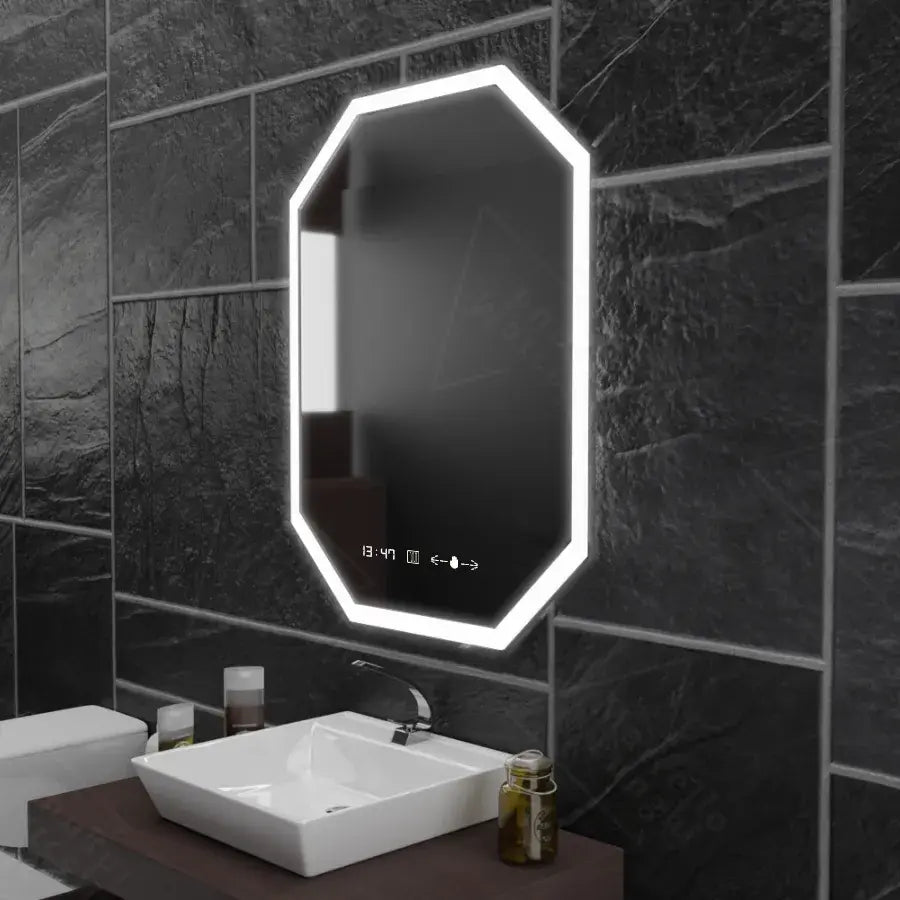 Oglinda LED Poligon, 60x80cm, Ralya Senzor MotionGlow Marcello, Sistem Dezaburire, Ceas & Termometru, Dimabila