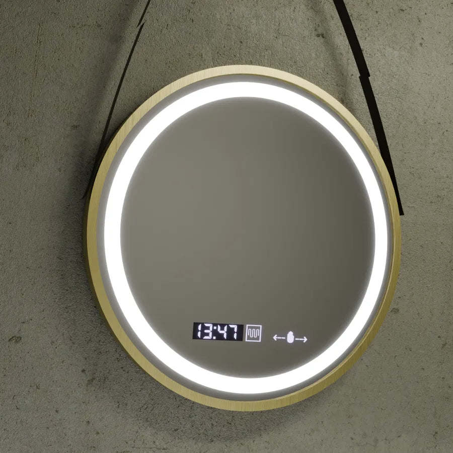 Round LED Mirror, 60cm, Celeste Royale Gold Eleve MotionGlow Marcello, Defogger System, Clock & Thermometer, Dimmable, Detachable Strap, imaginea 6