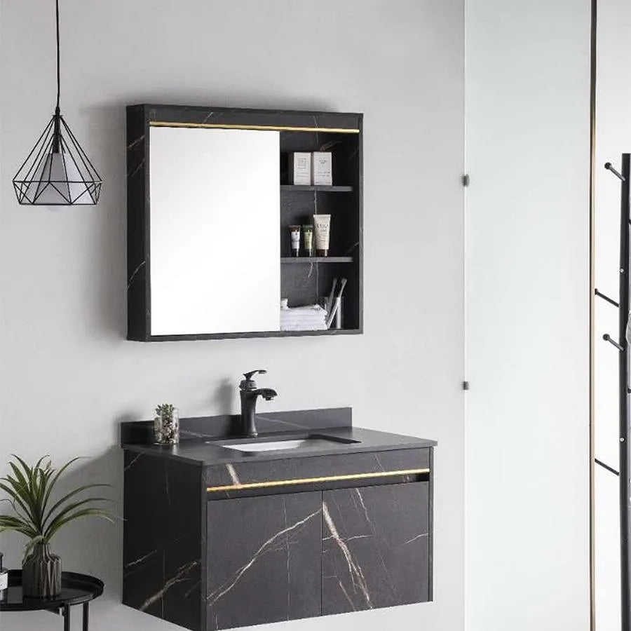 Set Mobilier MARBLE pentru Baie, Dulap Lavoar+Dulap Oglinda 60cm, 2 Piese, Negru
