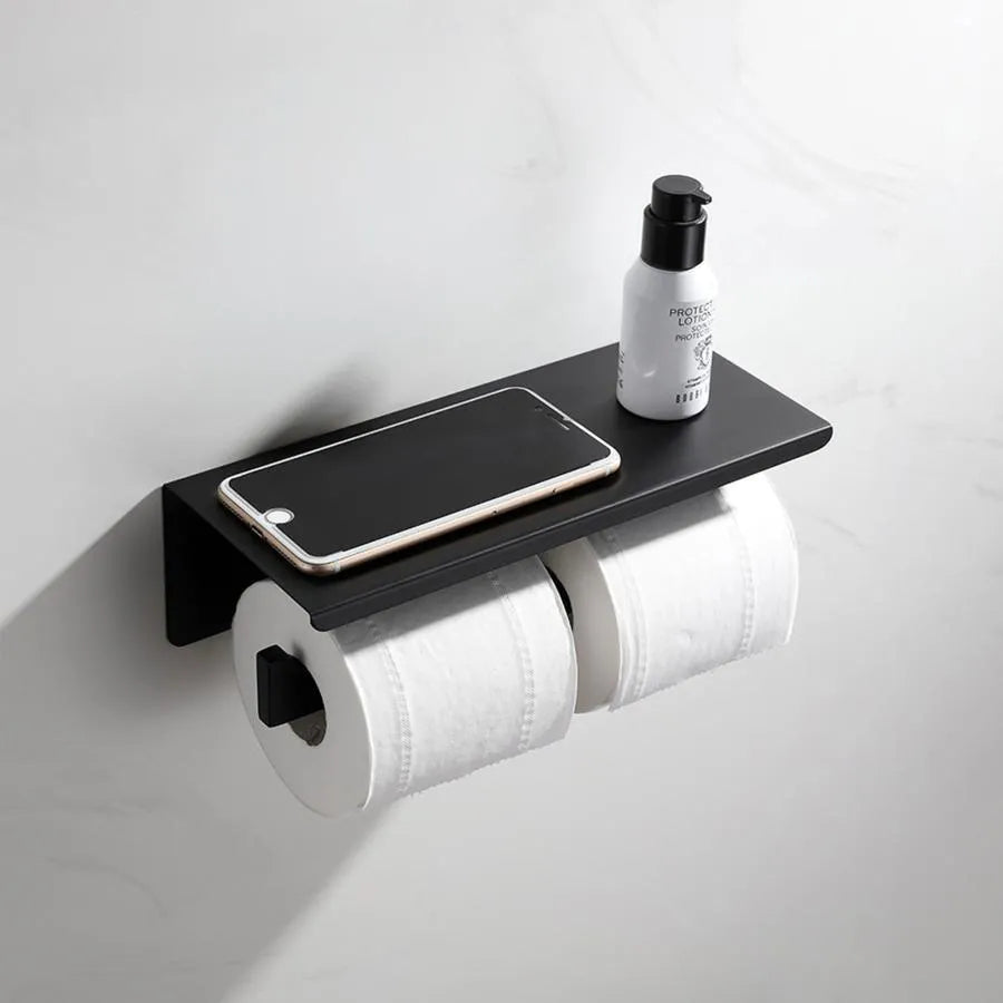 Suport Dublu Hartie Igienica cu Suport Telefon/Parfum Negru GJ603, imaginea 1